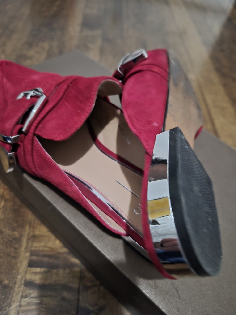 Pointed Red Suede Buckle Mules - Women - Picture 5 of 6